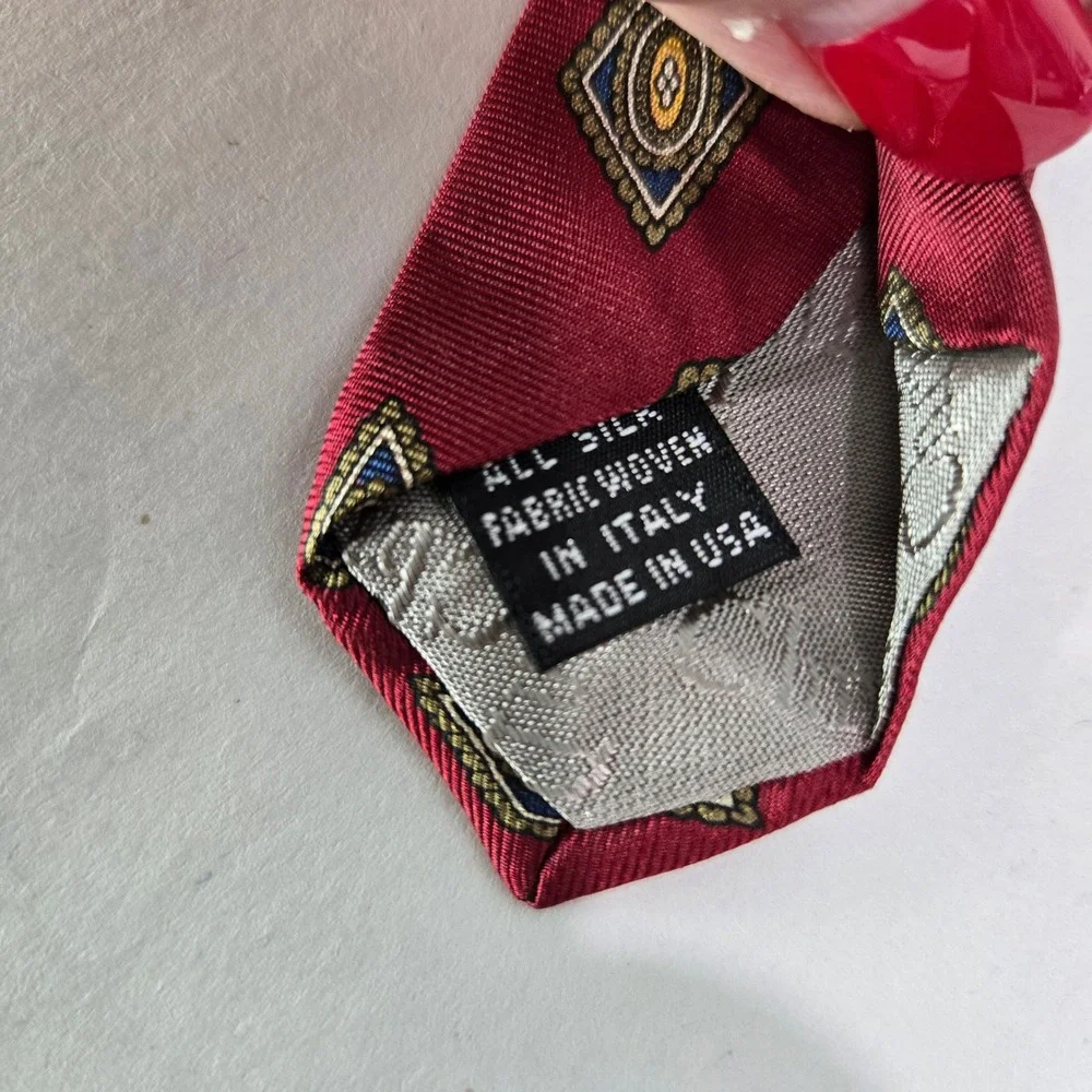 Christian Dior Monsieur Tie Lot of 2 Red Navy Silk Geometric Medallion #1176